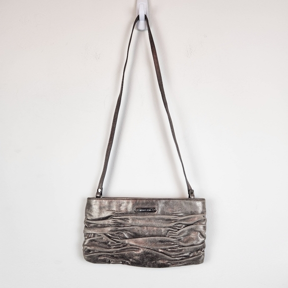 Michael Kors Gray Ruched Distressed Leather Envelope Cross Body Shoulder Bag - Picture 1 of 10